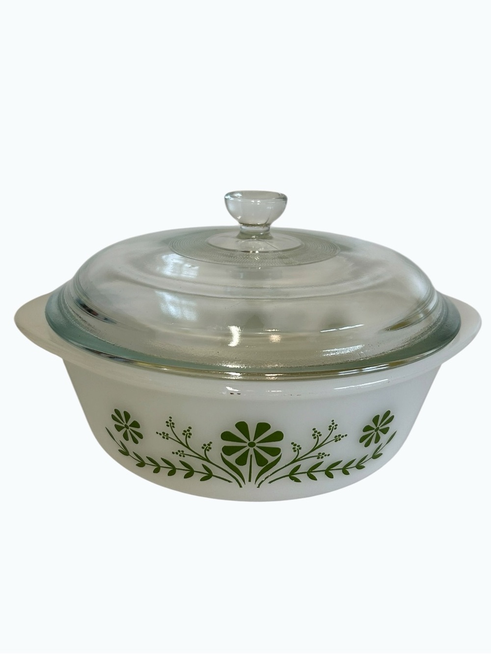 Vintage Glasbake Green Daisy Casserole Dish 1.5 Qt White Milk Glass With Lid